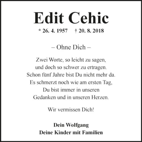 Traueranzeige von Edit Cehic von Fränkische Nachrichten