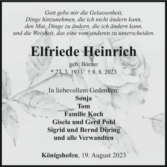 Traueranzeige von Elfriede Heinrich von Fränkische Nachrichten