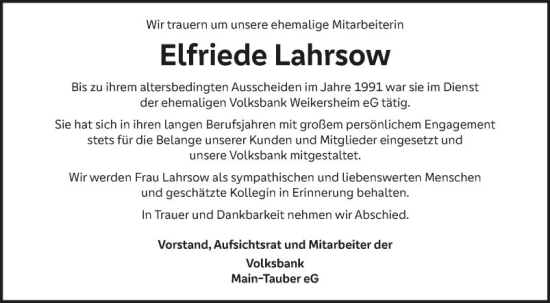 Traueranzeige von Elfriede Lahrsow von Fränkische Nachrichten