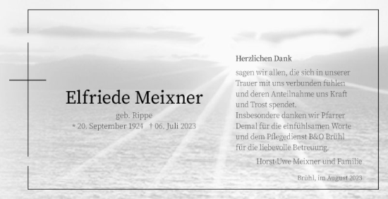 Traueranzeige von Elfriede Meixner von Schwetzinger Zeitung