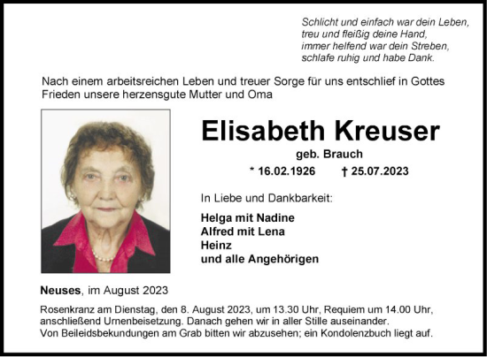 Traueranzeige von Elisabeth Kreuser von Fränkische Nachrichten