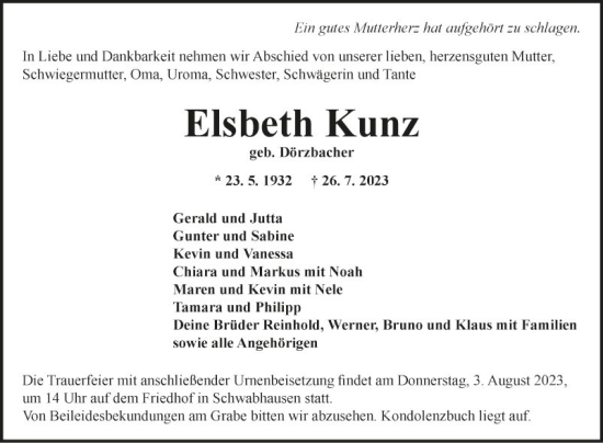 Traueranzeige von Elsbeth Kunz von Fränkische Nachrichten