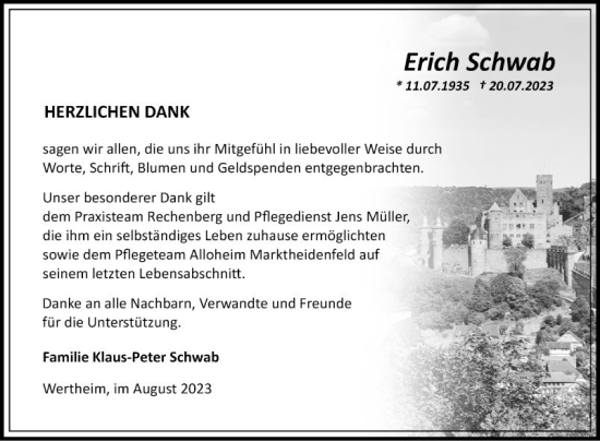 Traueranzeige von Erich Schwab von Fränkische Nachrichten