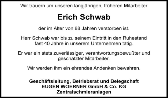 Traueranzeige von Erich Schwab von Fränkische Nachrichten