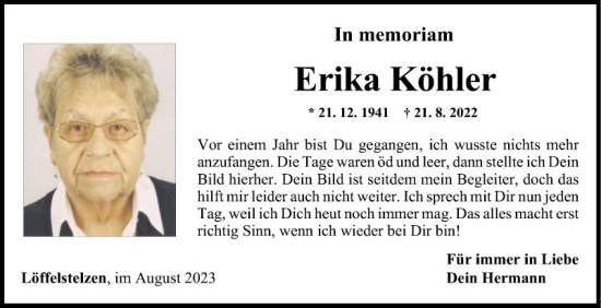 Traueranzeige von Erika Köhler von Fränkische Nachrichten