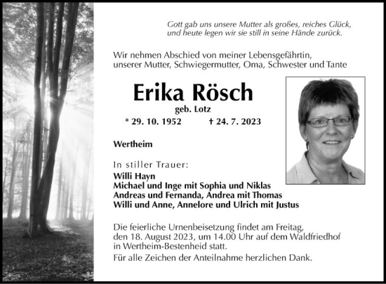 Traueranzeige von Erika Rösch von Fränkische Nachrichten