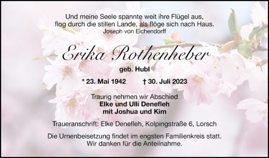 Traueranzeige von Erika Rothenheber von Bergsträßer Anzeiger