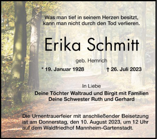 Traueranzeige von Erika Schmitt von Mannheimer Morgen