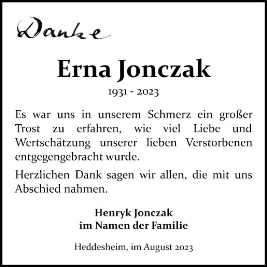 Traueranzeige von Erna Jonczak von Mannheimer Morgen