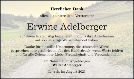 Traueranzeige von Erwine Adelberger von Bergsträßer Anzeiger