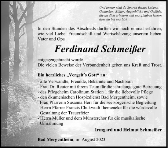 Traueranzeige von Ferdinand Schmeißer von Fränkische Nachrichten