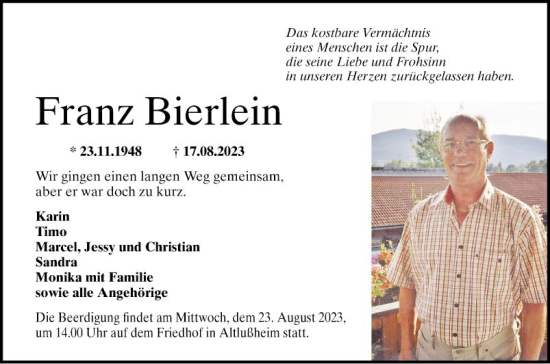 Traueranzeige von Franz Bierlein von Schwetzinger Zeitung