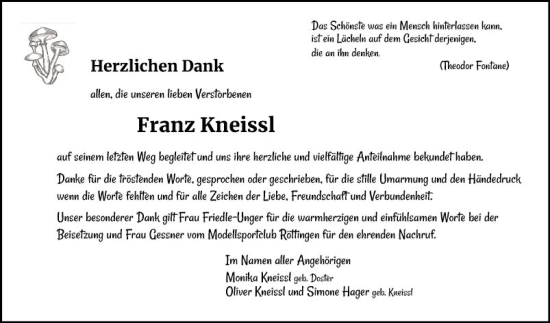 Traueranzeige von Franz Kneissl von Fränkische Nachrichten