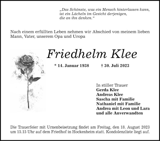 Traueranzeige von Friedhelm Klee von Schwetzinger Zeitung