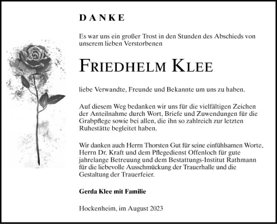 Traueranzeige von Friedhelm Klee von Schwetzinger Zeitung