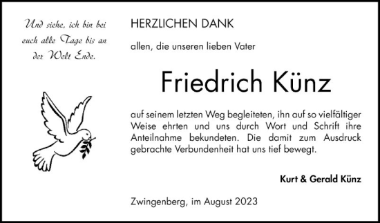 Traueranzeige von Friedrich Künz von Bergsträßer Anzeiger