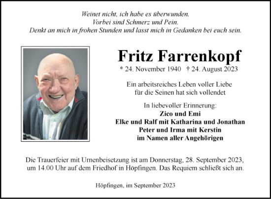 Traueranzeige von Fritz Farrenkopf von Fränkische Nachrichten