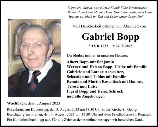 Traueranzeige von Gabriel Bopp von Fränkische Nachrichten