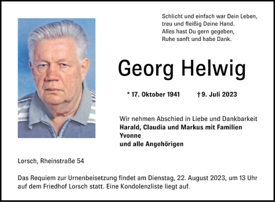 Traueranzeige von Georg Helwig von Bergsträßer Anzeiger