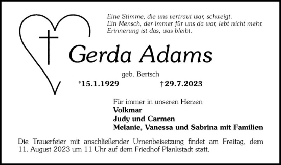 Traueranzeigen Von Gerda Adams | Trauerportal Ihrer Tageszeitung