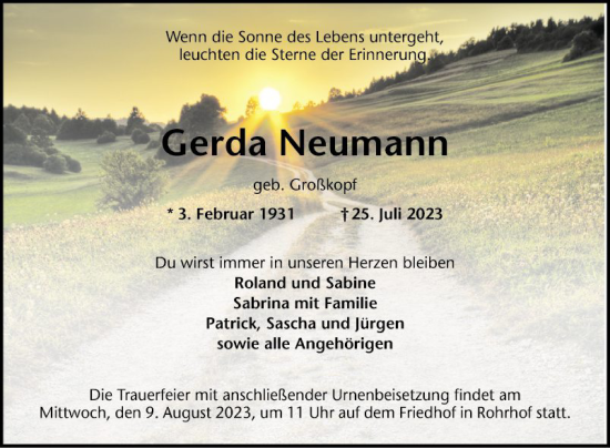 Traueranzeige von Gerda Neumann von Schwetzinger Zeitung