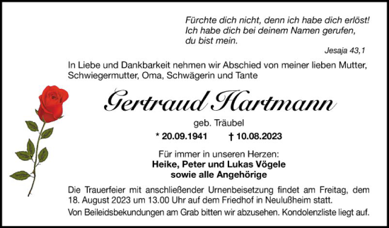 Traueranzeige von Gertraud Hartmann von Schwetzinger Zeitung