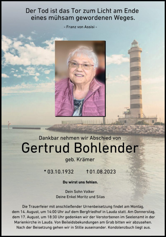 Traueranzeige von Gertrud Bohlender von Fränkische Nachrichten