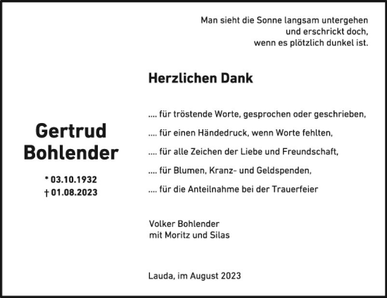 Traueranzeige von Gertrud Bohlender von Fränkische Nachrichten