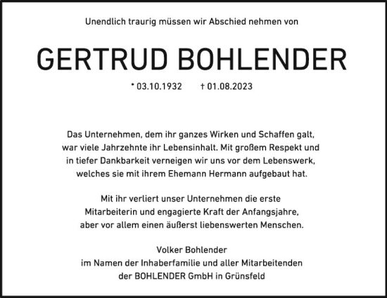 Traueranzeige von Gertrud Bohlender von Fränkische Nachrichten