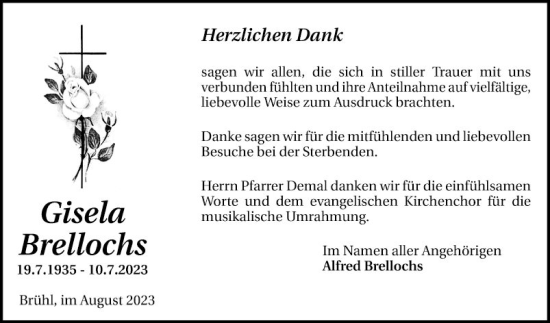 Traueranzeige von Gisela Brellochs von Mannheimer Morgen