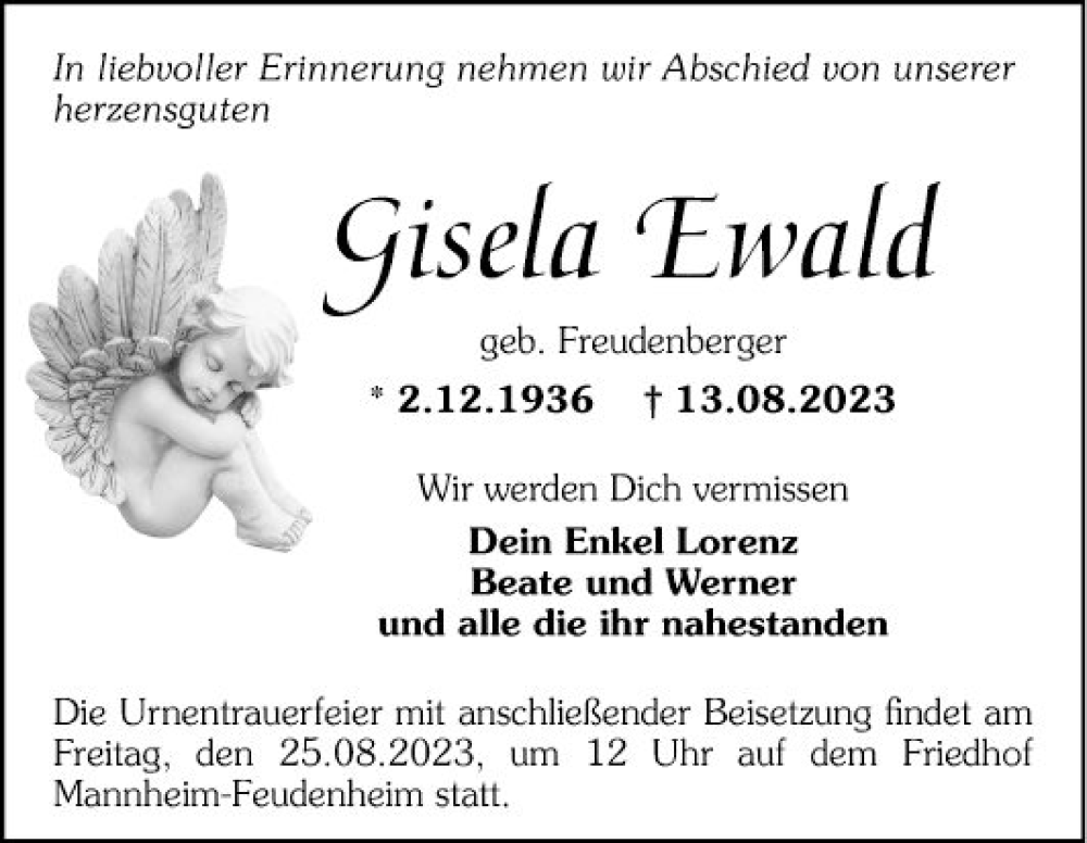  Traueranzeige für Gisela Ewald vom 19.08.2023 aus Mannheimer Morgen