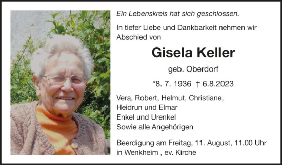 Traueranzeige von Gisela Keller von Fränkische Nachrichten