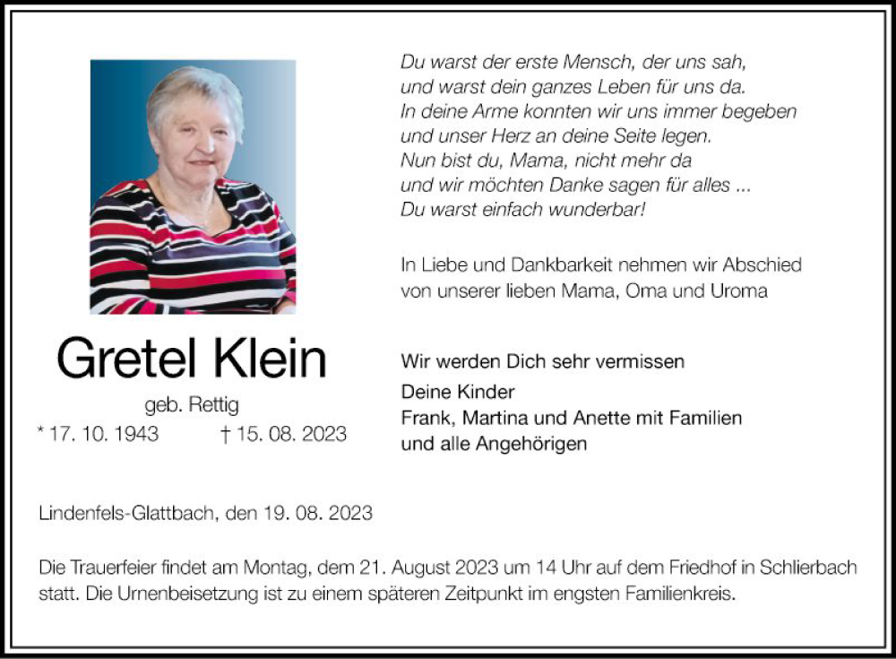  Traueranzeige für Gretel Klein vom 19.08.2023 aus Bergsträßer Anzeiger