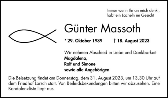 Traueranzeige von Günter Massoth von Bergsträßer Anzeiger