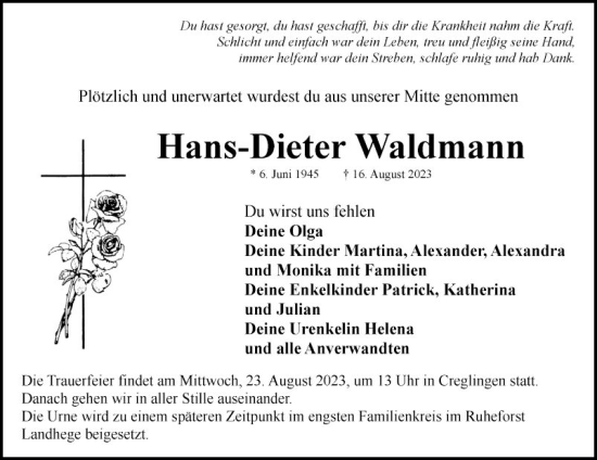 Traueranzeige von Hans-Dieter Waldmann von Fränkische Nachrichten