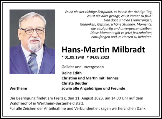 Traueranzeige von Hans-Martin Milbradt von Fränkische Nachrichten