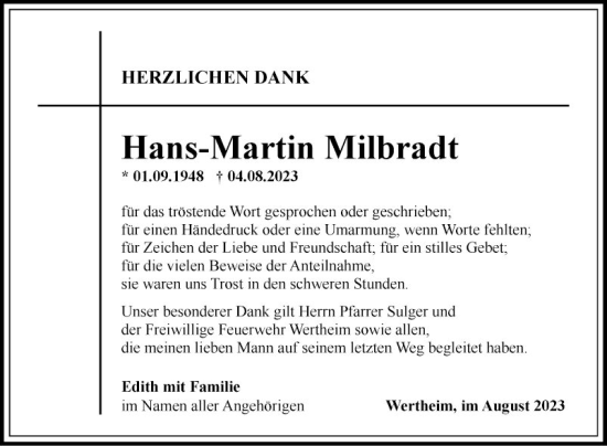 Traueranzeige von Hans-Martin Milbradt von Fränkische Nachrichten