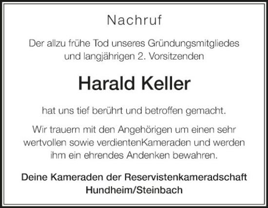 Traueranzeige von Harald Keller von Fränkische Nachrichten