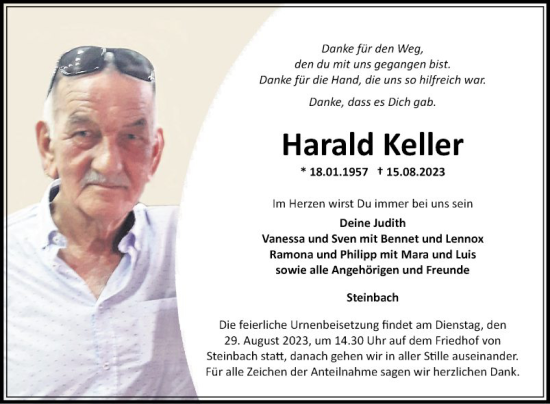 Traueranzeige von Harald Keller von Fränkische Nachrichten