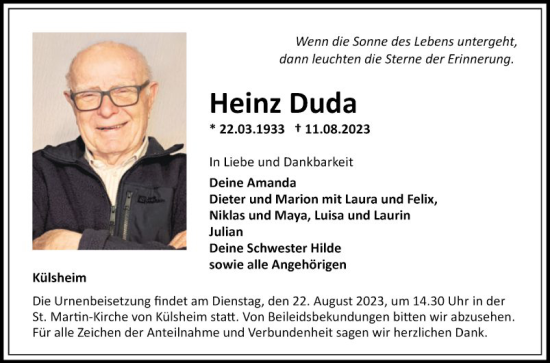 Traueranzeige von Heinz Duda von Fränkische Nachrichten