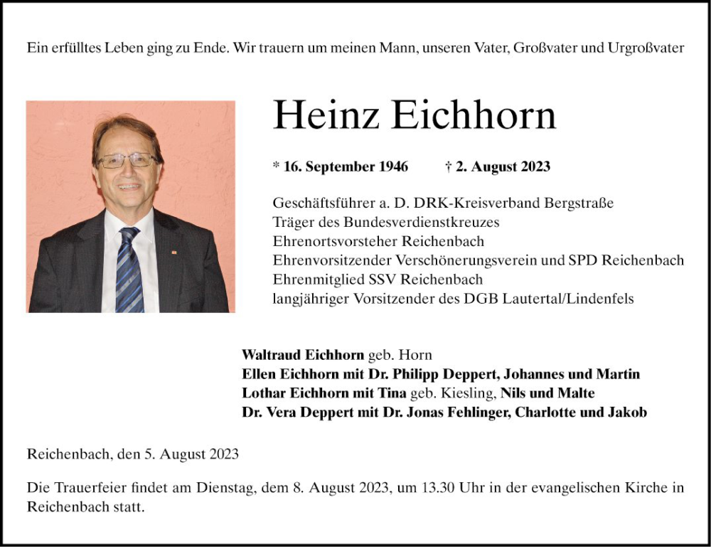  Traueranzeige für Heinz Eichhorn vom 05.08.2023 aus Bergsträßer Anzeiger