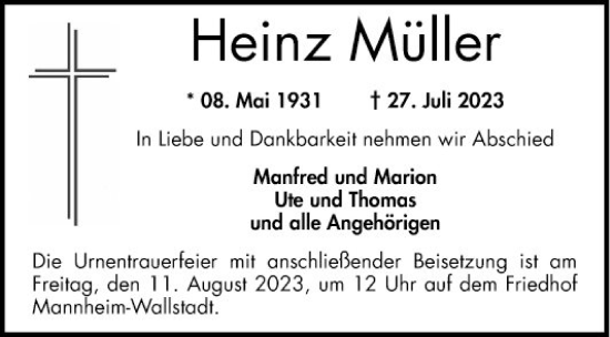 Traueranzeige von Heinz Müller von Mannheimer Morgen