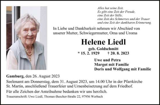 Traueranzeige von Helene Liedl von Fränkische Nachrichten