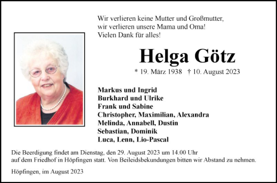 Traueranzeige von Helga Götz von Fränkische Nachrichten