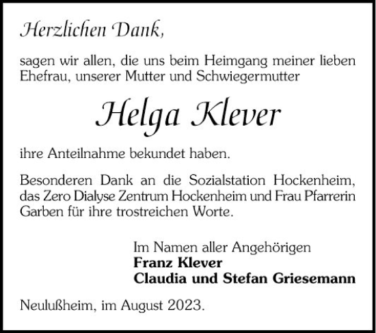 Traueranzeige von Helga Klever von Schwetzinger Zeitung