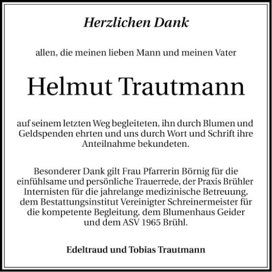 Traueranzeige von Helmut Trautmann von Schwetzinger Zeitung