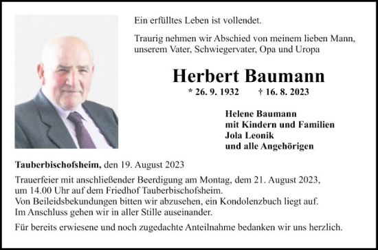 Traueranzeige von Herbert Baumann von Fränkische Nachrichten