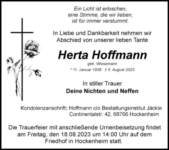 Traueranzeige von Herta Hoffmann von Schwetzinger Zeitung