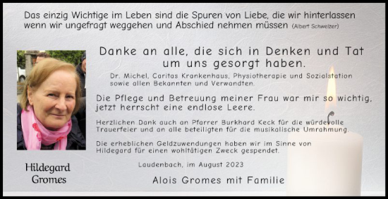 Traueranzeige von Hildegard Gromes von Fränkische Nachrichten