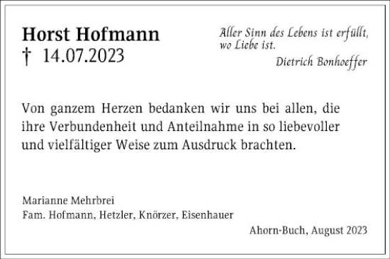 Traueranzeige von Horst Hoffmann von Fränkische Nachrichten